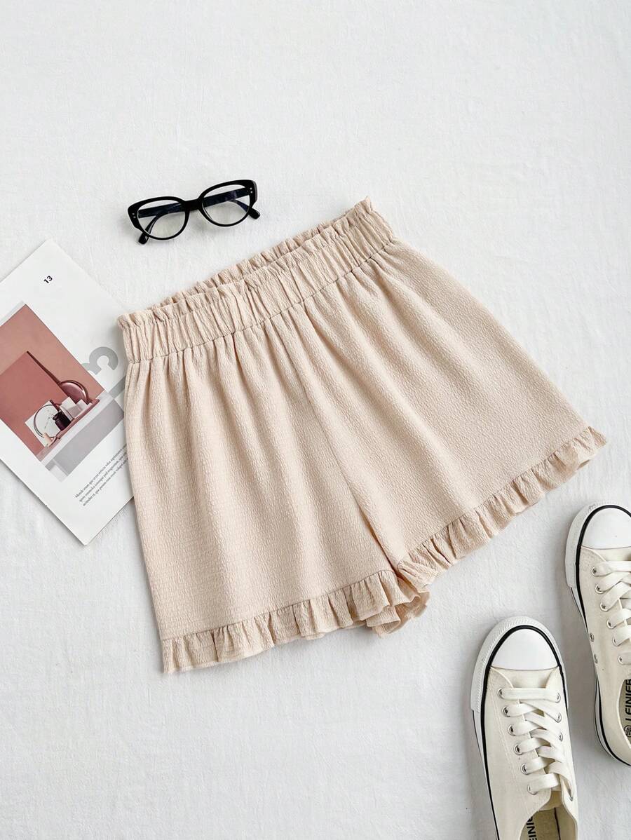 SHEIN Unity Versatile Casual Ruffle Trim Shorts - Khaki - View 1