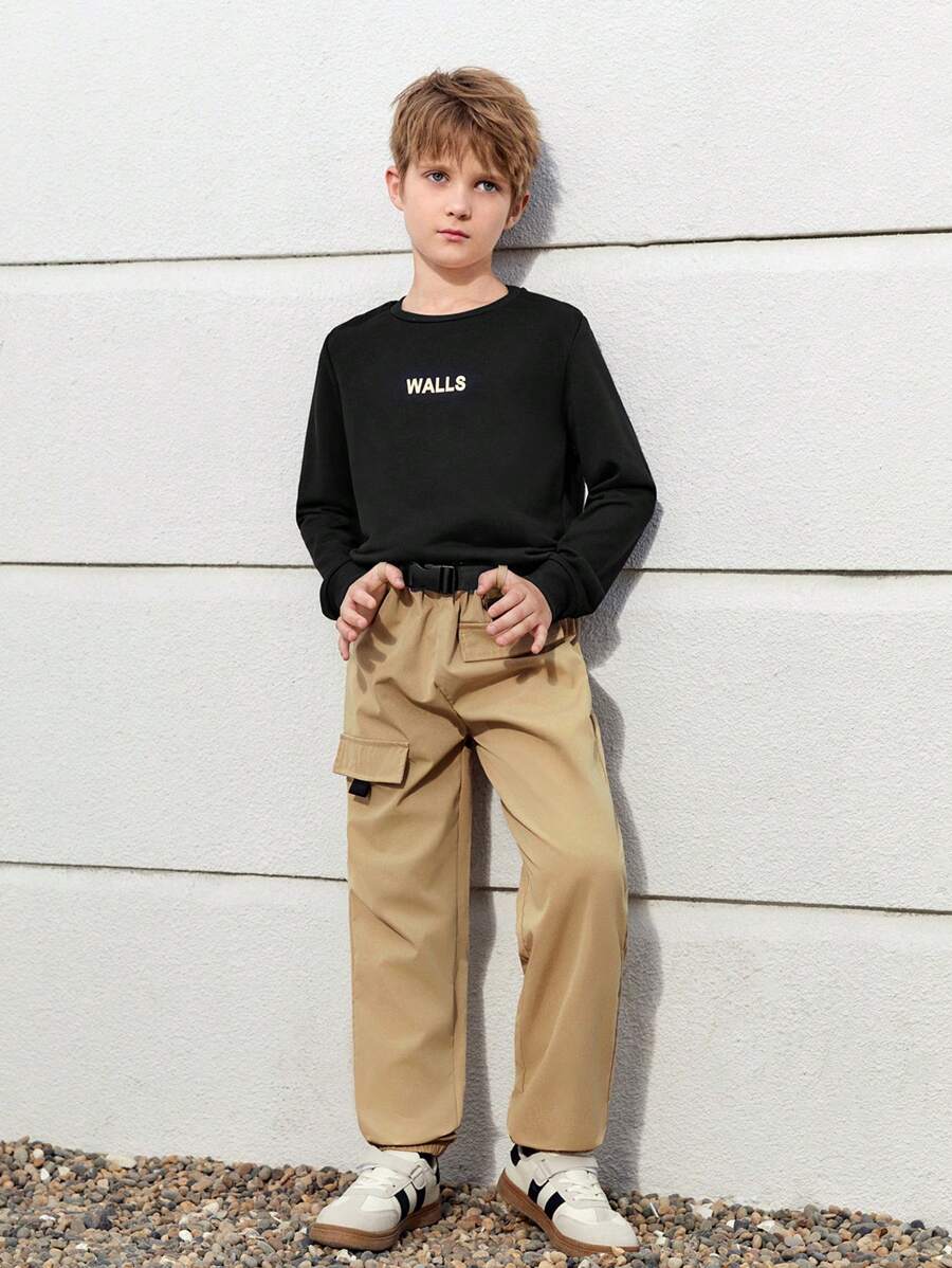 SHEIN 青少年男孩字母圖形套頭衫&帶扣束腰褲套裝 - 彩色 - 查看 1