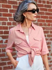 SHEIN LUNE 女款休閒夏季捲袖釦前襯衫 - 珊瑚粉 - 查看 1