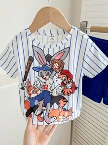 Bubblio Bộ quần short ngắn tay cho bé trai và bé gái mùa hè họa tiết hoạt hình sọc ngắn tay - Nhiều màu - Xem 5