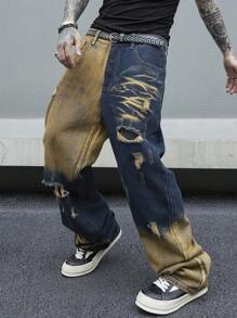 Manfinity Streetrush Pantalones vaqueros rectos rasgados para hombre sin cinturón, pantalones vaqueros anchos azul oscuro de pierna larga desgastados y holgados, para regalos de esposo o novio