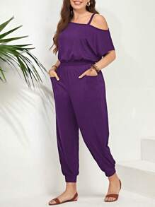 SHEIN LUNE Plus Asymmetrical Neck Slant Pocket Jumpsuit - Purple - View 5