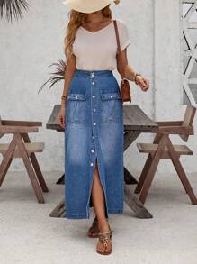 SHEIN LUNE High Waist Flap Pocket Denim Skirt