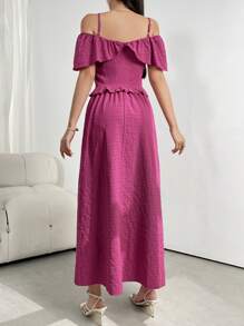 Mulvari Women's Solid Color Pleated Lace Trim Spaghetti Strap Off-Shoulder Sleeve Elegant Summer Dress