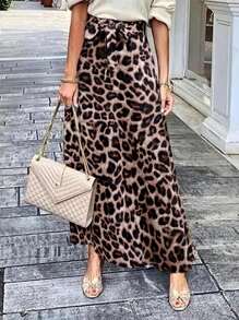 SHEIN LUNE Falda con estampado de leopardo y cinturón para mujer para verano y otoño - Marrón - Ver 1