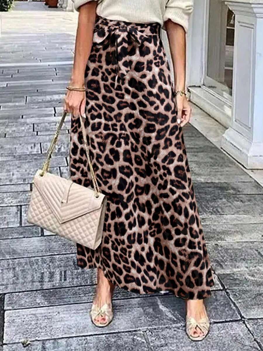 SHEIN LUNE Falda con estampado de leopardo y cinturón para mujer para verano y otoño - Marrón - Ver 1