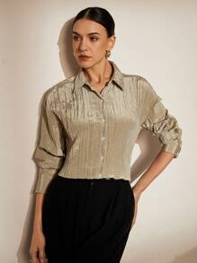 Aveloria Rosie Camisa de manga larga con botones y cuello con efecto de rayas de textura arrugada, adecuada para trabajar y combinar con otras prendas