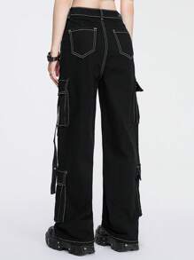 ROMWE Grunge Punk Women's Workwear Denim Jeans With Pockets - Black - View 2