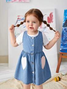 Baby Girl Cute Heart Pocket Denim Dress - Light Wash - View 4