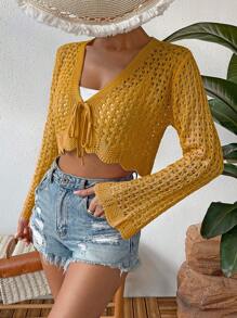 Breezaya Tie Front Crop Long Sleeve Cardigan - Mustard Yellow - View 4
