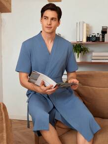 Men Solid Dual Pocket Belted Robe - Blue - View 1
