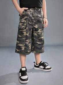 SHEIN 青少年男孩夏季時尚迷彩多口袋毛邊牛仔長褲，適合日常穿搭