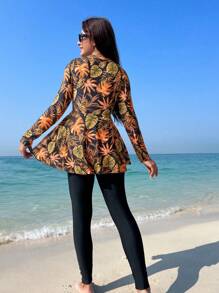Swim Mulvari Ladies' Summer Beach Printed Burkinis Set With Long Sleeve Top And Pants, Random Pattern - Yellow - View 2
