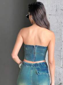 Denimoi Top de mezclilla bandeau con encaje en la parte delantera - Azul lavado oscuro - Ver 6