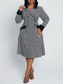 SHEIN Lady Vestido clásico de talla grande con impresión a cuadros en blanco y negro, cuello vuelto, abotonado en la cintura y línea A, para las cuatro estaciones - Blanco y Negro - Ver 5