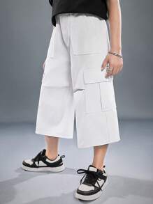 SHEIN 十多歲男孩時尚休閒貨物口袋寬腿白色牛仔短褲 - 白色 - 查看 4