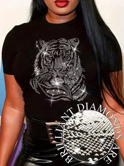 Maweii 大码女式夏季时尚老虎图案动物热钻装饰圆领短袖 T 恤图案 T 恤女式上衣