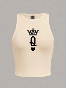 SHEIN Essnce Crown & Heart Poker Print Fitted Crew Neck Casual Women Tank Top, Suitable For Summer - Apricot - View 3