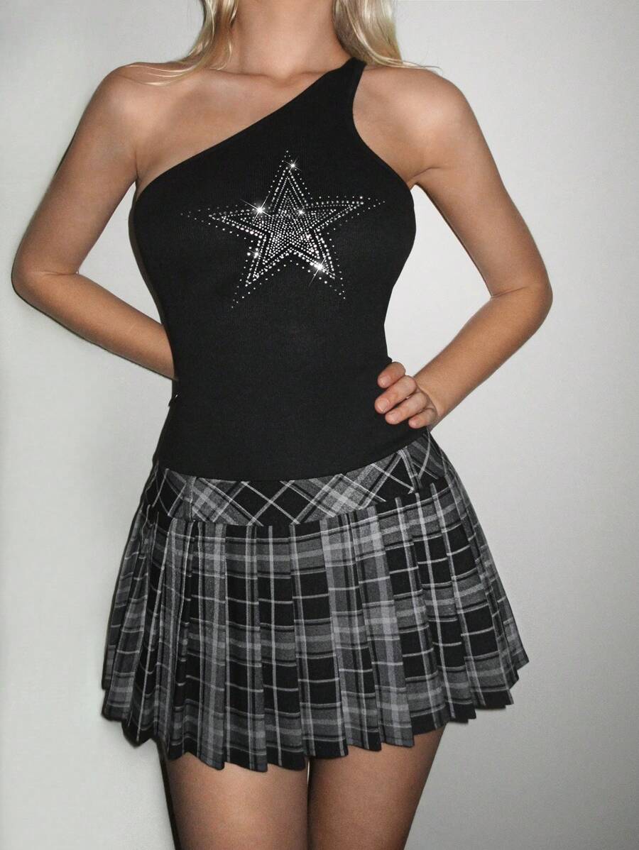 SHEIN ICON Ladies' One Shoulder Star Rhinestone Black And White Plaid Swing Dress - Black and White - View 1
