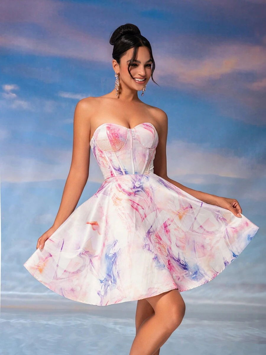 SHEIN Belle 优雅、华丽、可爱的缎面印花鱼骨压线，超大下摆，适合舞会和派对、毕业季舞会短裙半正式婚礼宾客礼服，适合生日返校节 - 彩色 - 查看 1