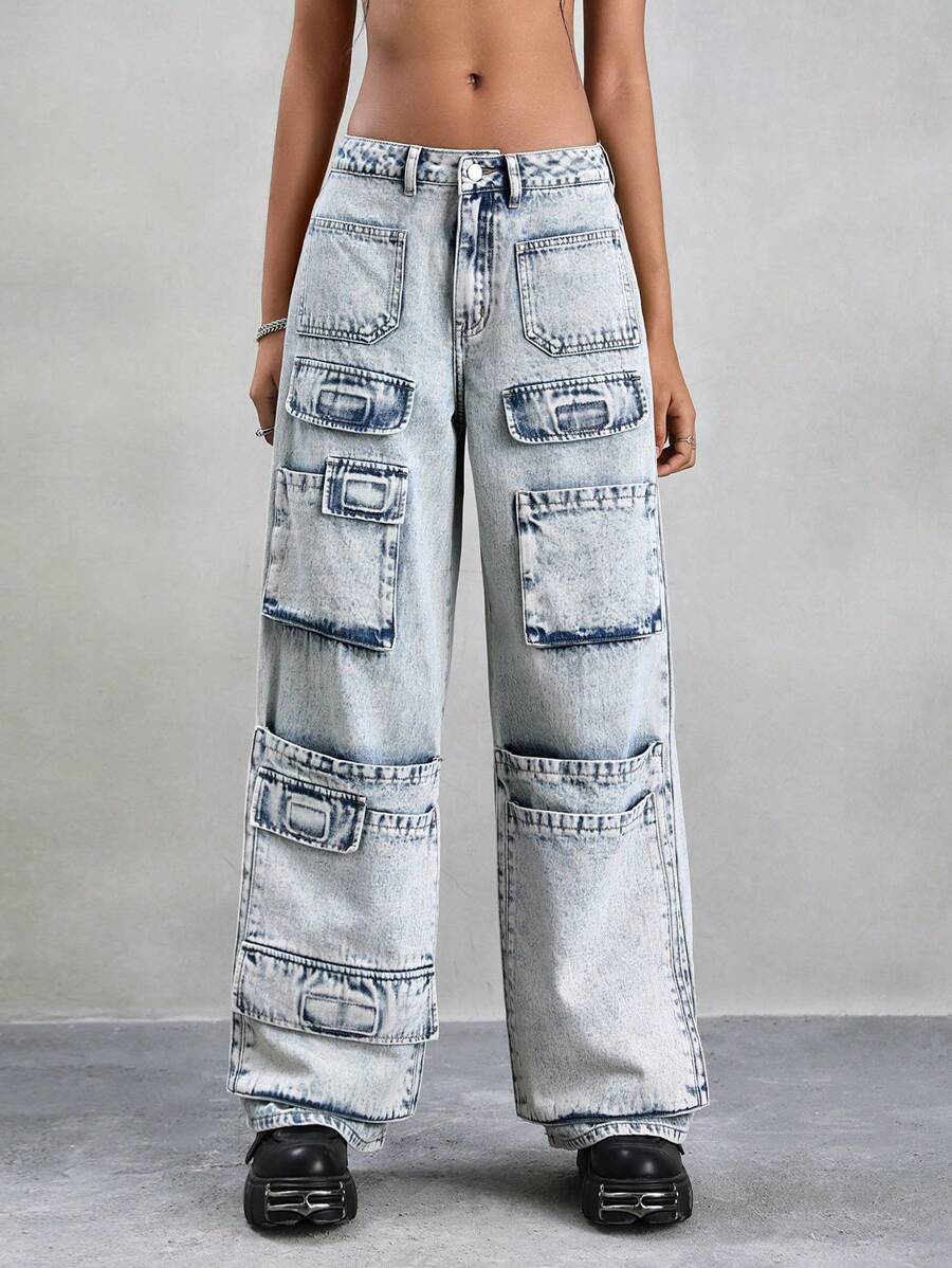 SHEIN ICON Women's Loose Fit Casual Denim Wide Leg Pants With Multiple Workwear Pockets Low Rise Straight Leg Jeans - Light Wash - View 1