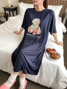 DAZY Đầm ngủ dáng rộng tay ngắn nữ in hình gấu dễ thương - Màu xanh hải quân - Xem 1