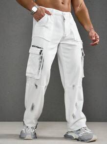 Manfinity Roughcore Men Flap Pocket Side Cargo Jeans - White - View 4