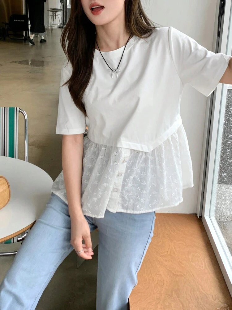 Solid Button Front Peplum T-Shirt,Ruffle