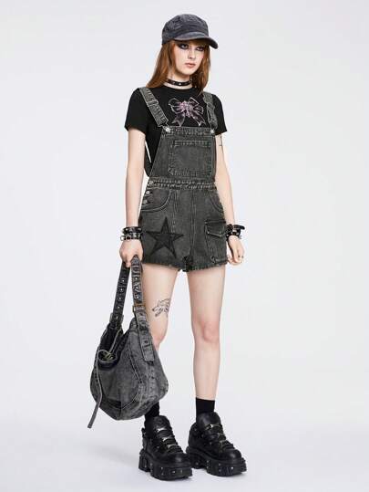 Grunge Punk Casual Color Block Star Patch Women's Denim Overalls And Jumpsuit