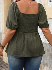 Breezaya Plus Solid Square Neck Puff Sleeve Blouse Peplum Top - Army Green - View 2