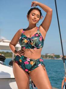 SHEIN Swim Curve Bộ bikini dây rút in họa tiết nhiệt đới cỡ lớn mùa hè - Nhiều màu - Xem 7