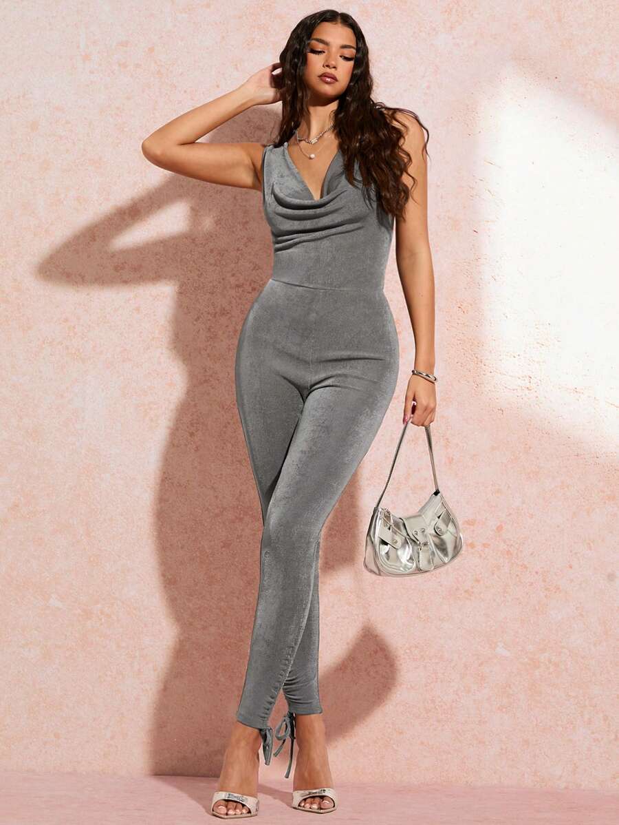 SHEIN BAE 女士性感純灰色領口綁蝴蝶結連身褲，適用於夏季海灘假期、浪漫約會或日常外出 - 灰色 - 查看 1