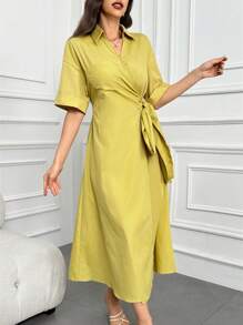 Modelyn 女士夏季休閒純色包裹肩帶連衣裙 - 黃色 - 查看 3