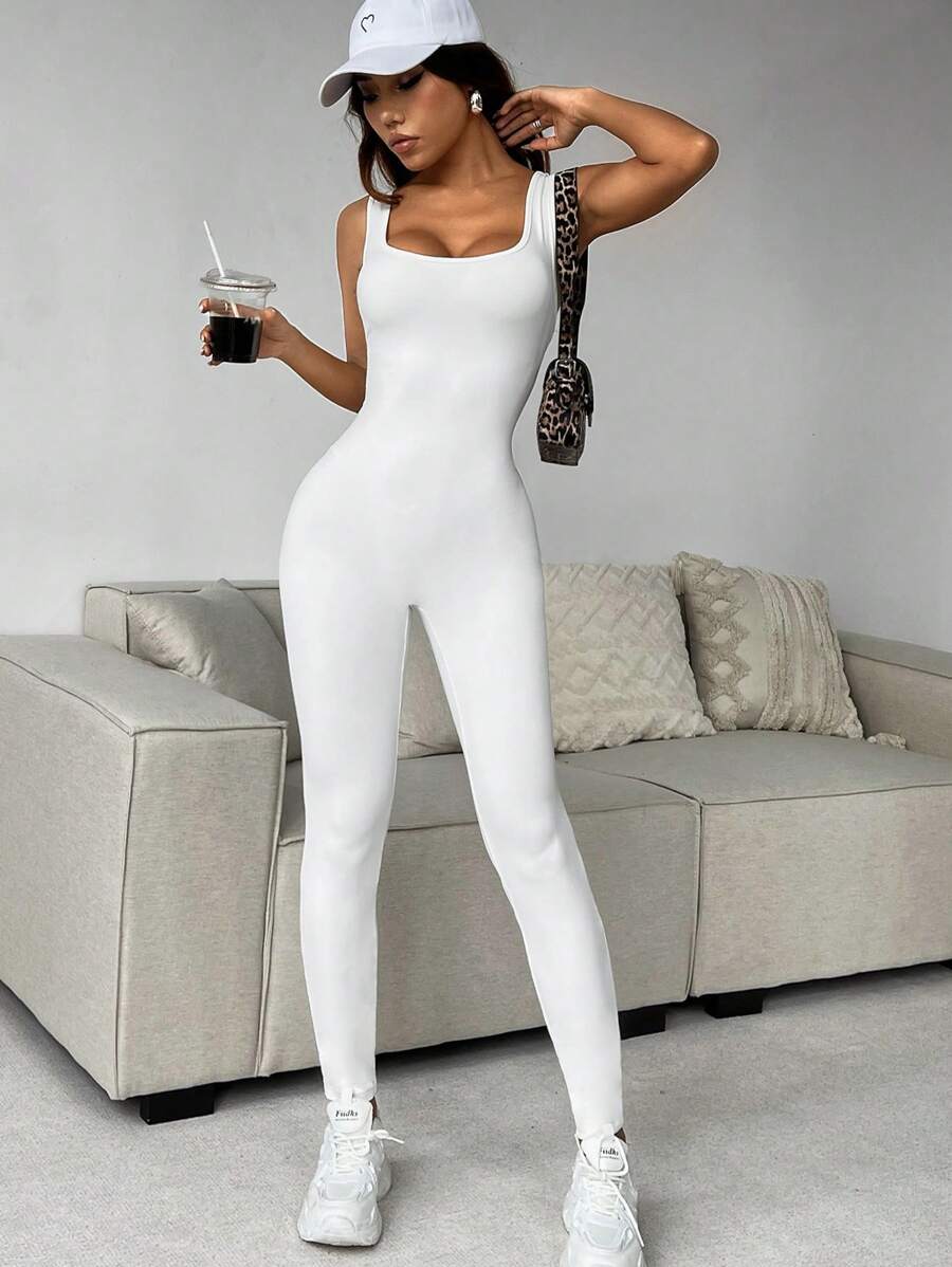 SHEIN EZwear 女士夏季純色方領無袖緊身連身褲 - 白色 - 查看 1