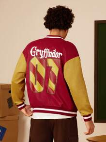HARRY POTTER X SHEIN Áo khoác bóng chày dệt kim ngoại cỡ thông thường dành cho nam giới Gryffindor Huy hiệu in màu tương phản - Đỏ - Xem 4