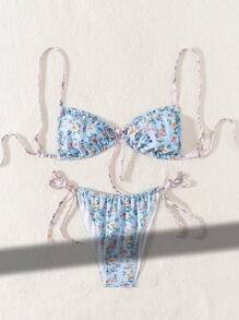 SHEIN Swim Ditsy Floral Print Tie Side Bikini Set Summer - Multicolor - View 1