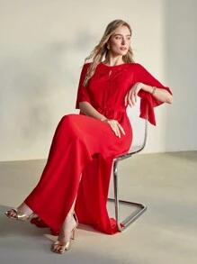 MOTF PREMIUM FLORAL EMBROIDERY KEYHOLE NECKLINE SPLIT HEM DRESS - Red - View 4