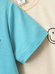 SHEIN 3 piezas Conjunto de camiseta holgada y cómoda para niño pequeño, con estampado de oso sonriente y dibujos animados, estilo deportivo y casual, adecuado para primavera, verano y otoño, cómodo y versátil, para niños de 4 a 7 años, adecuado para la escuela y deportes