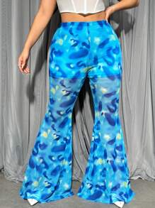 SHEIN ICON 大尺碼女士網紗蝴蝶印花喇叭褲 - 藍色 - 查看 5