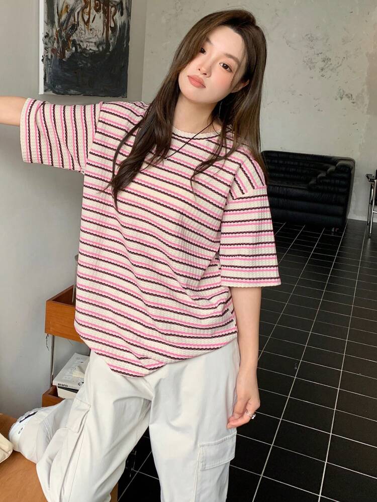Striped Print Drop Shoulder Tee Oversized T-Shirt