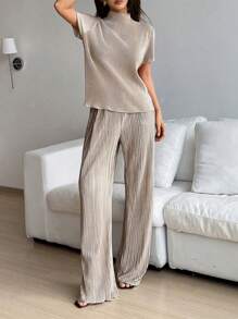 Almamuse Conjunto para mujer de manga corta y cuello alto de unicolor con pantalones - Caqui - Ver 1