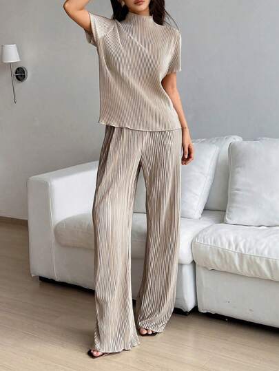 Almamuse Women's Solid Color Short Sleeve High Neck Top And Pants Set