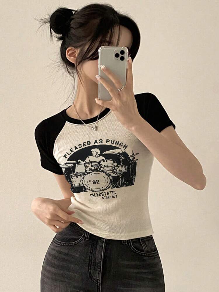 Letter Graphic Raglan Sleeve Tee Summer Preppy Tops