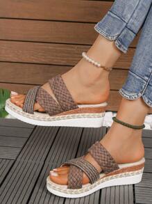 Sandales compensées à brides croisées tissées pour femmes avec semelles épaisses, nouveau modèle 2024, sandales compensées à brides croisées tissées pour femmes avec strass