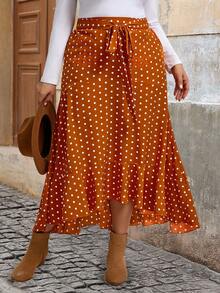 SHEIN VCAY Saia Plus Size vintage com estampa de bolinhas, amarrada na cintura, com base marrom e bolinhas brancas, perfeita para as férias de verão. - Castanho - Visão 7