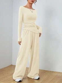 SHEIN EZwear 杏色針織修身長袖女式上衣和褲子套裝 - 杏色 - 查看 5