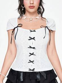 ROMWE Kawaii Áo thun nữ viền ren đáng yêu có nơ màu khối trang trí Slim Fit - trắng - Xem 6