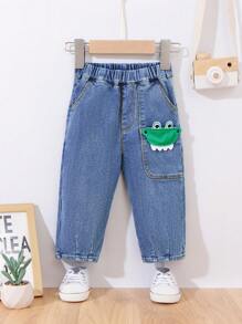 Vaqueros con dibujos animados y parche de bolsillo para niños pequeños