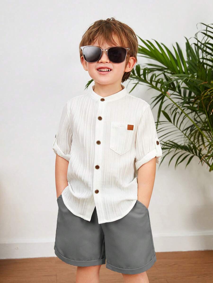 Conjunto informal y cómodo de camisa de lino y pantalones cortos para niños pequeños, verano - Gris - Ver 1