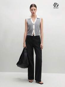 BizChic Cómoda blusa de verano tejida para mujer en negro y albaricoque